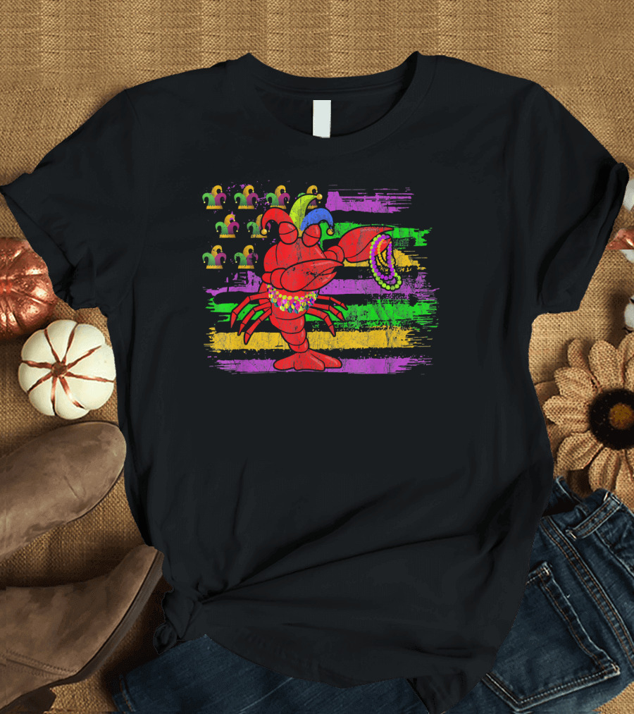 Lobster with Beads and Jester Hats on Mardi Gras Flag Background T-Shirt