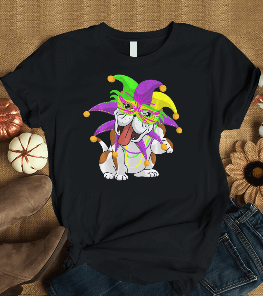 Mardi Gras English Bulldog Fat Tuesday Mask Jester Hat T-Shirt