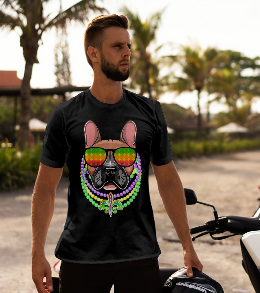 French Bulldog With Beads And Fleur-de-Lis Sunglasses For Mardi Gras T-Shirt