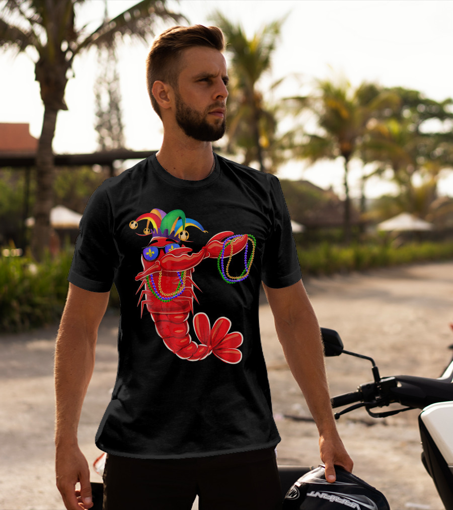 Mardi Gras Lobster Dabbing With Colorful Beads And Jester Hat T-Shirt