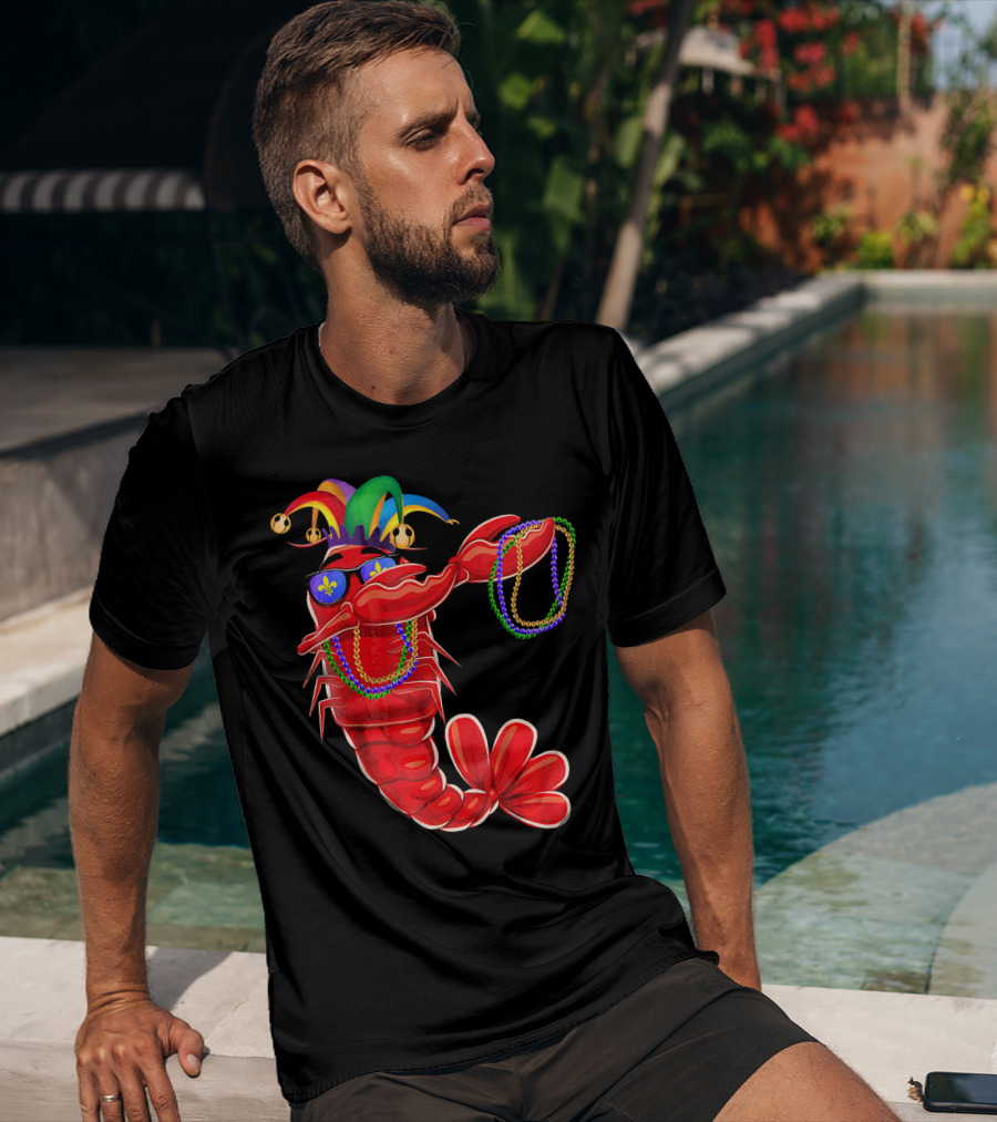 Mardi Gras Lobster Dabbing With Colorful Beads And Jester Hat T-Shirt