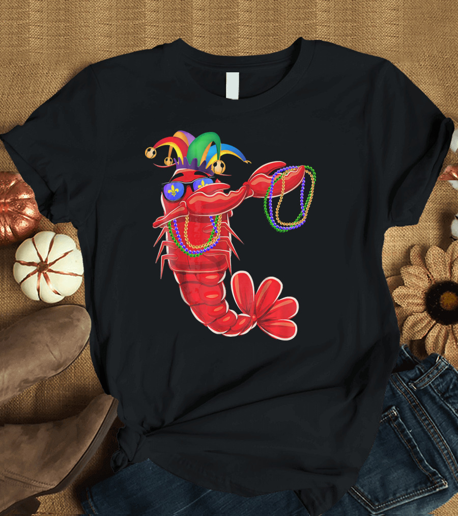 Mardi Gras Lobster Dabbing with Colorful Beads and Jester Hat T-Shirt