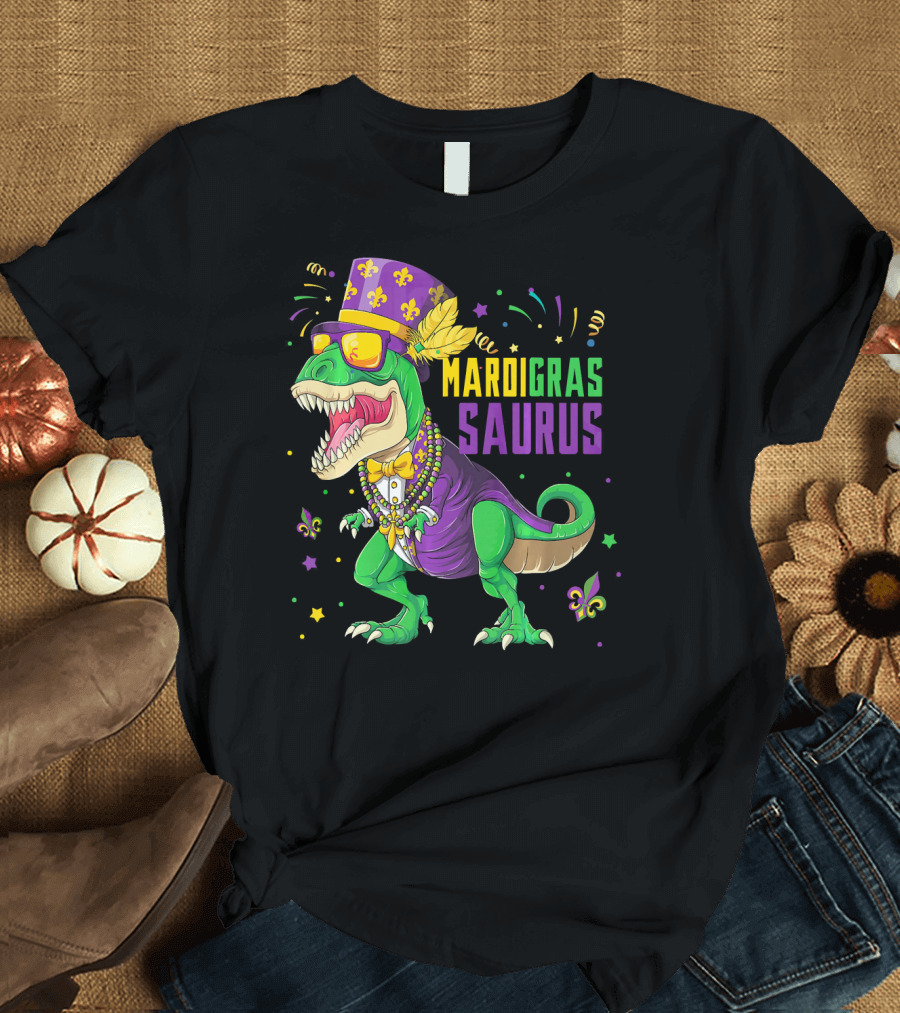 Mardi Gras Saurus T Rex Dinosaur Jester Kids T-Shirt