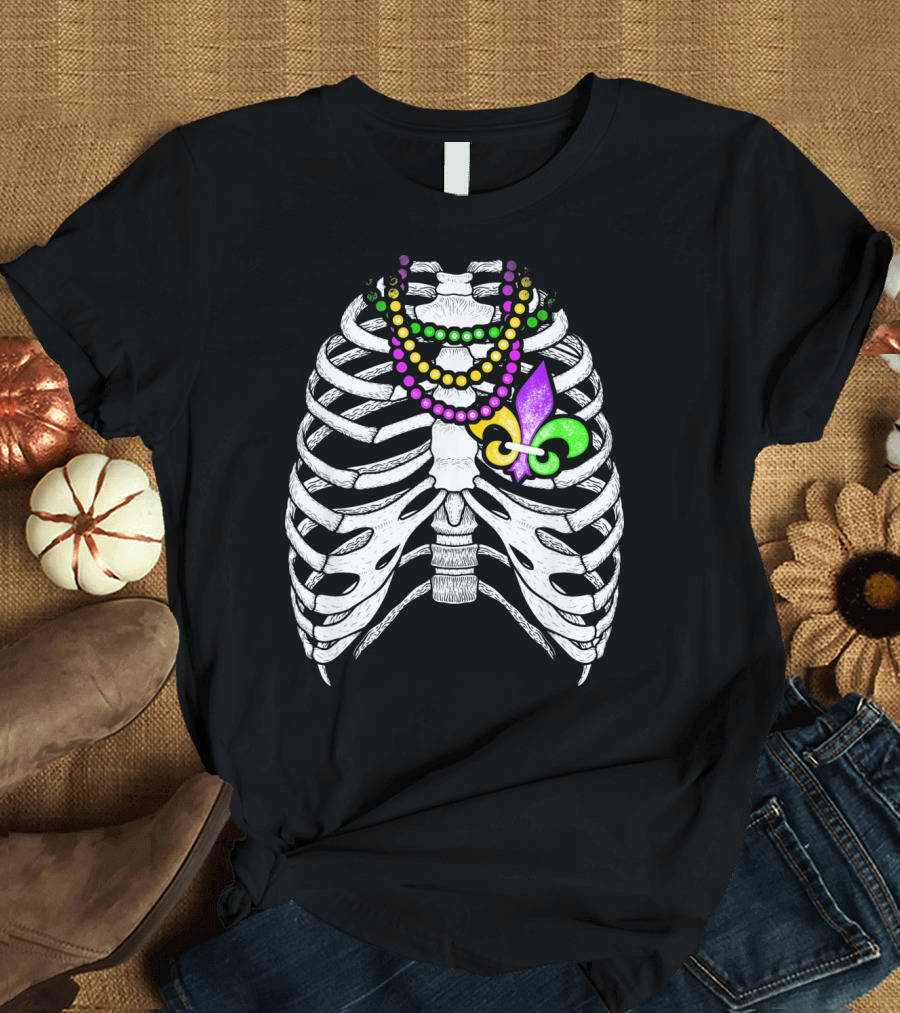 Mardi Gras Beads Skeleton Fleur De Lis Ribcage Heart T-Shirt