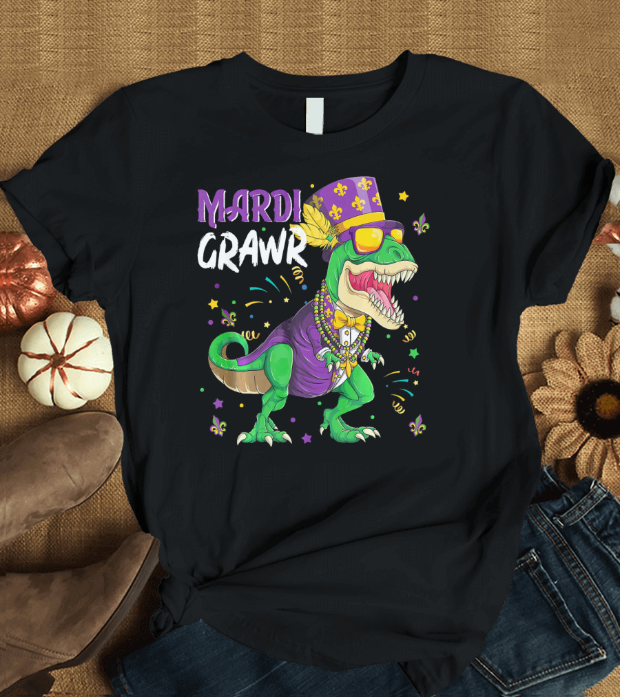 Mardi Grawr Rex Funny Dinosaur with Festive Hat and Beads T-Shirt