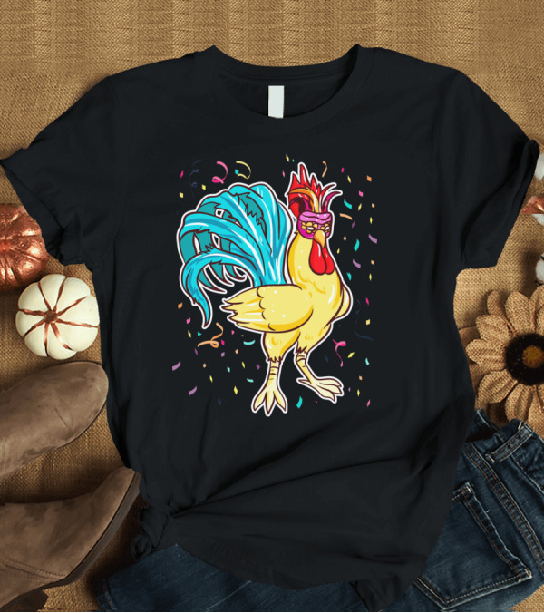 T-Shirt: Chicken Mardi Gras Carnival Rooster with Colorful Feathers and Confetti T-Shirt Chicken Mardi Gras Carnival Rooster with Colorful Feathers and Confetti T-Shirt