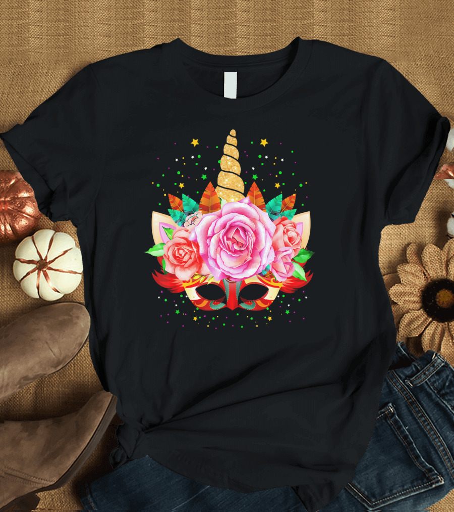 Mardi Gras Unicorn Mask with Roses and Feathers T-Shirt