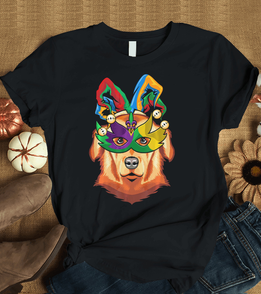 Golden Retriever Jester Mask Mardi Gras Beads Fleur-de-Lis T-Shirt