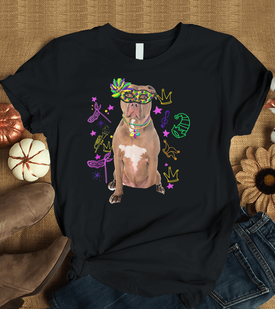 Pit Bull Mardi Gras Dog Mom Party Festive Mask Beads Crowns Music Notes T-Shirt