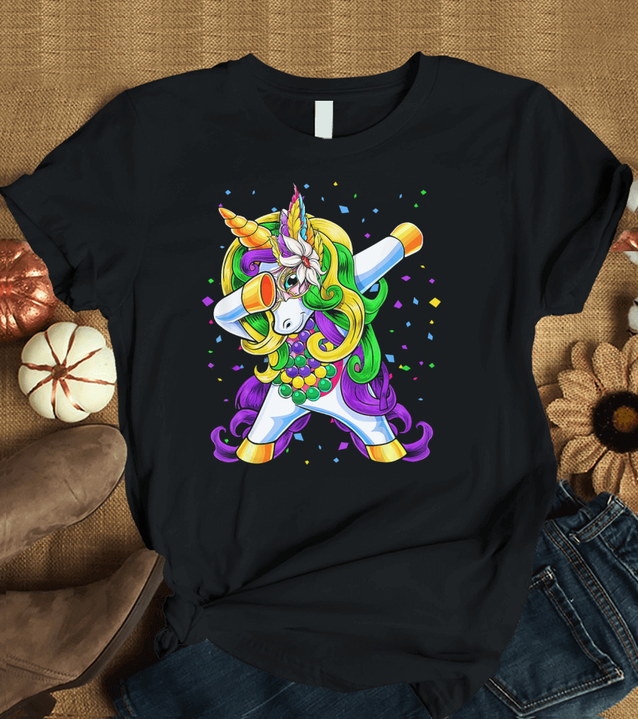 Dabbing Unicorn Mardi Gras Beads with Colorful Confetti T-Shirt