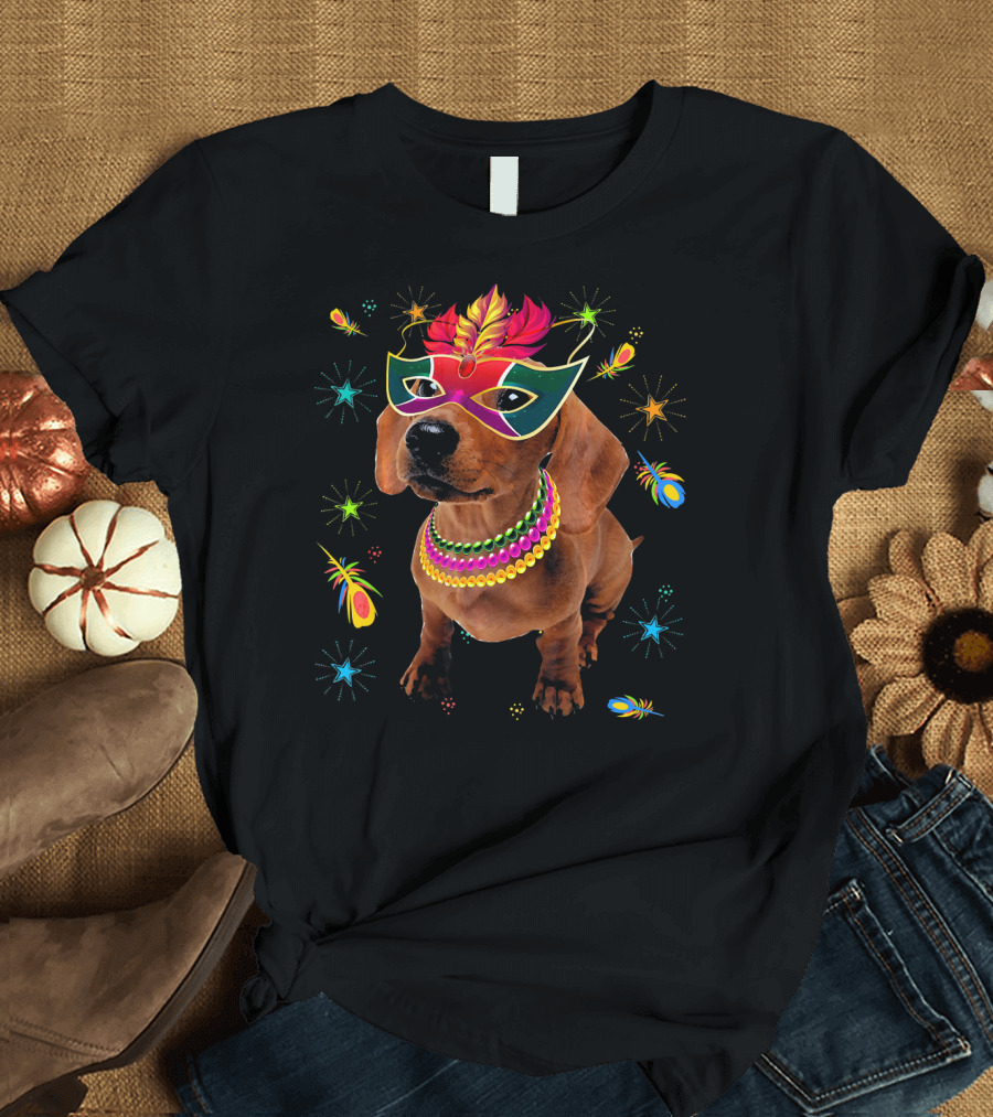 Dachshund Wearing Mardi Gras Mask and Colorful Beads Surrounded by Festive Stars and Feathers T-Shirt