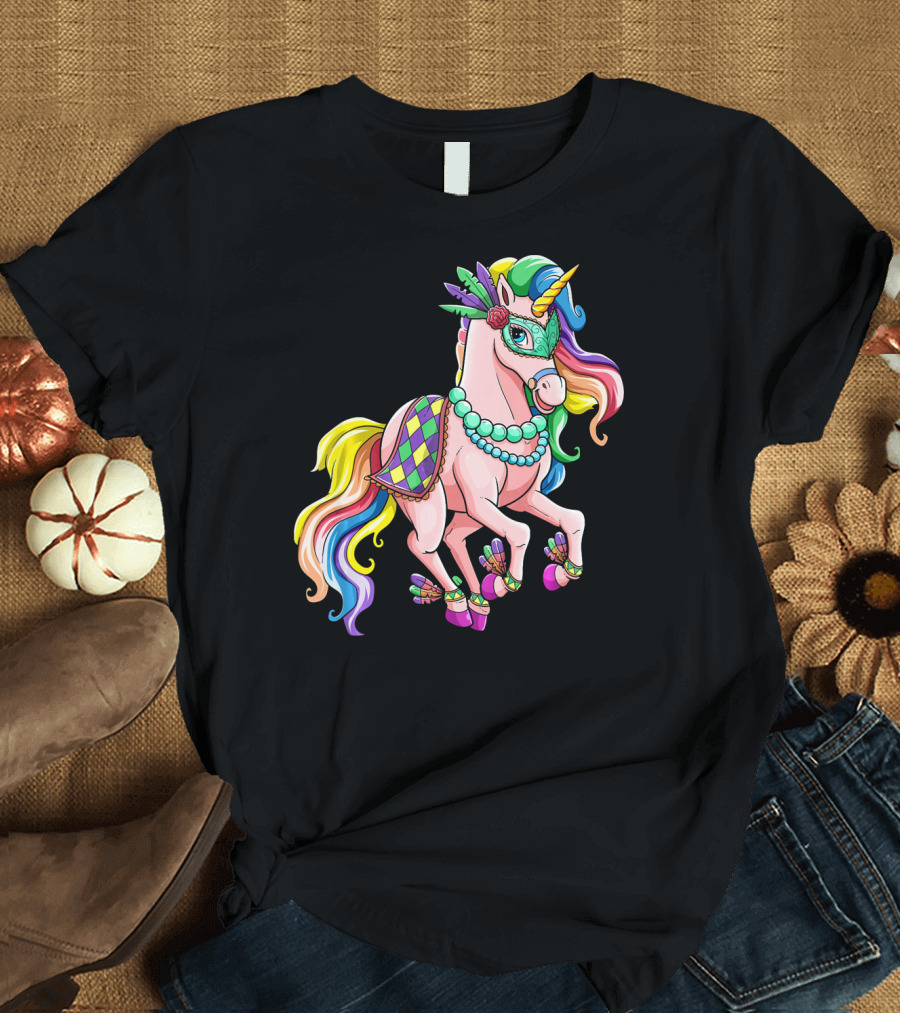 Kids Mardi Gras Unicorn with Colorful Mask and Beads T-Shirt