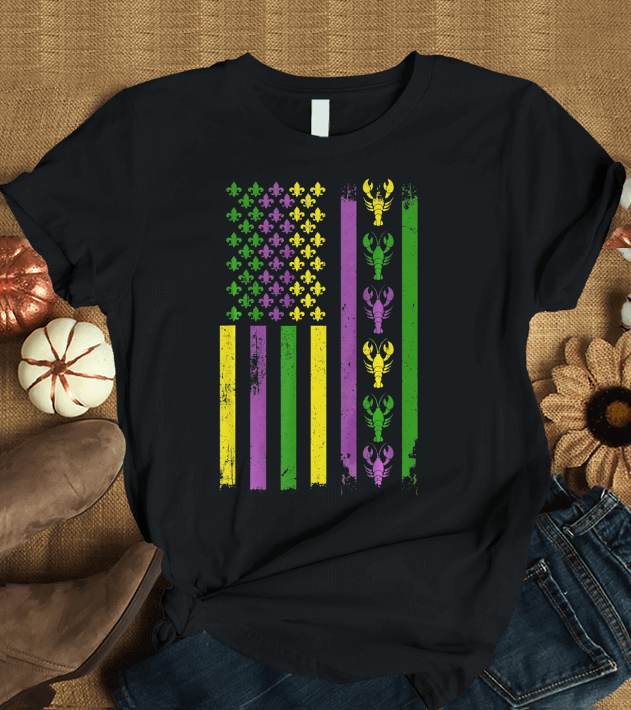 American Flag Mardi Gras Fleur-de-Lis Crawfish Stripes T-Shirt