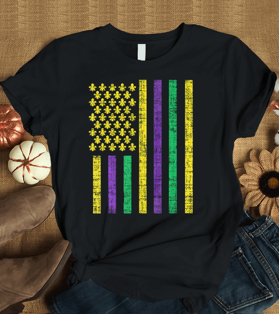 Purple Green Yellow Fleur-de-Lis US Flag Jester T-Shirt
