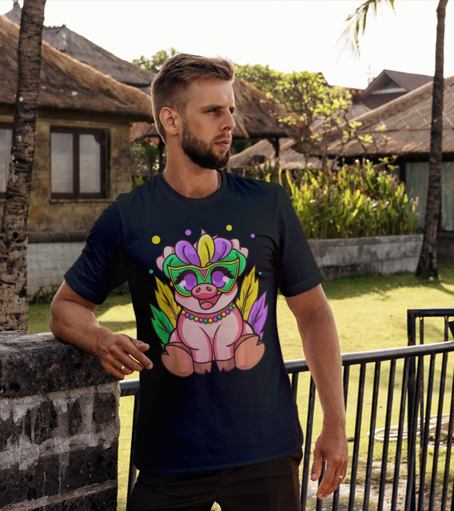 Cute Mardi Gras Pig With Colorful Mardi Gras Mask And Beads T-Shirt