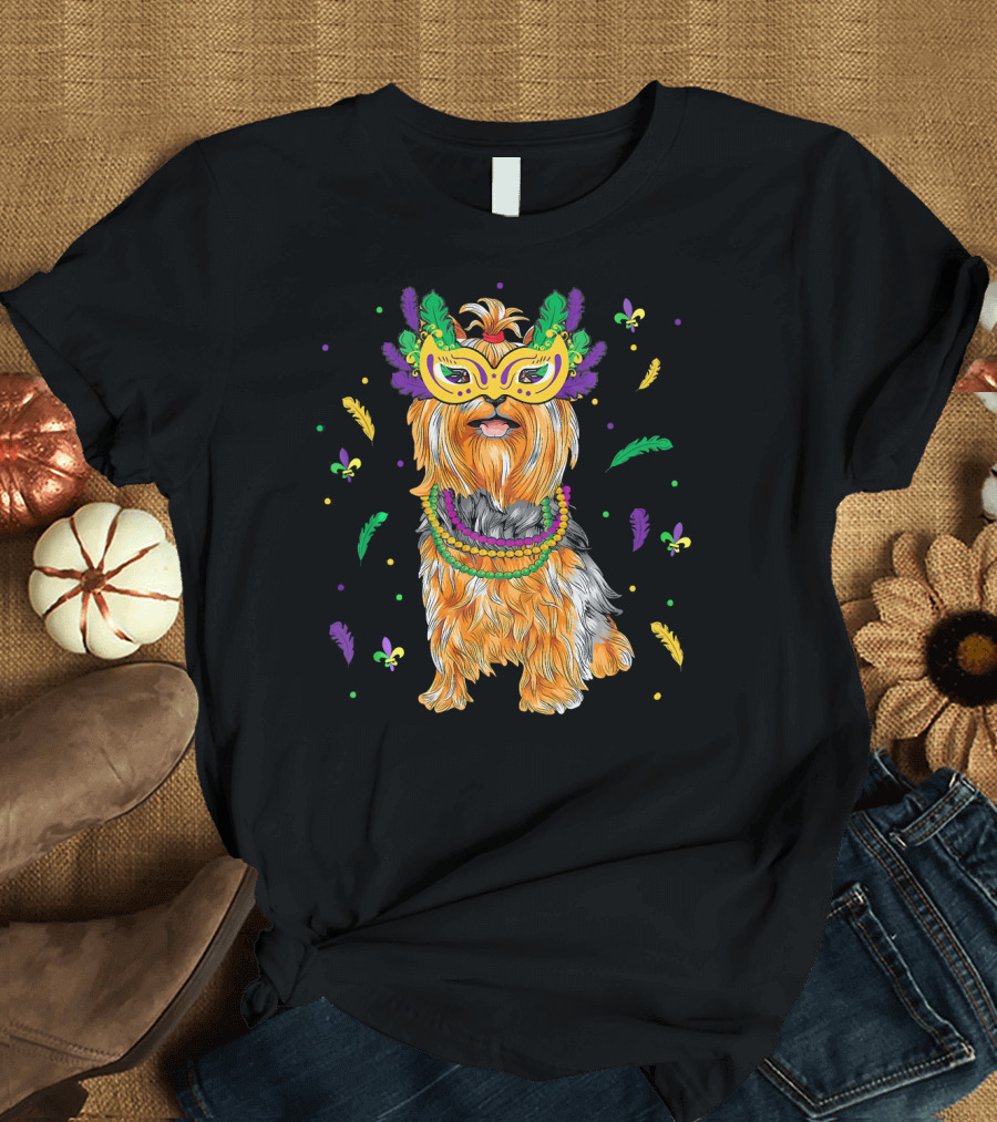Beads Mask Yorkshire Terrier Mardi Gras Fleur De Lis Feathers T-Shirt