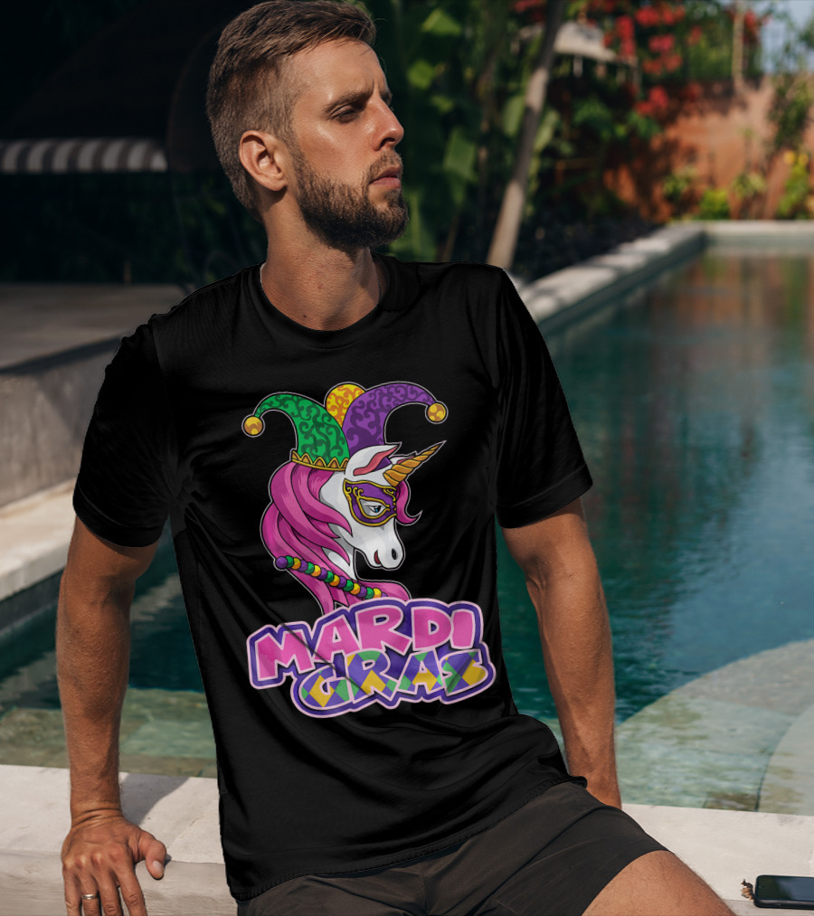 Mardi Gras Unicorn Jester Mask Carnival Lover T-Shirt
