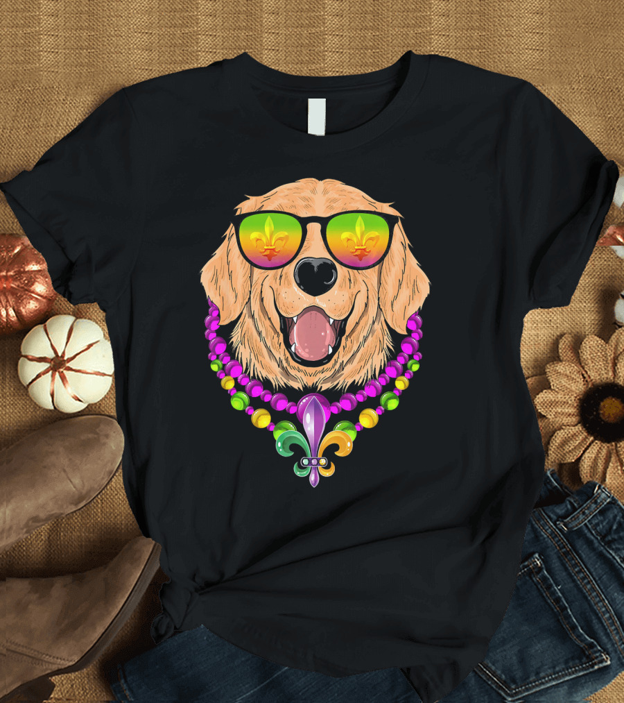 Golden Retriever with Fleur-de-Lis Beads and Sunglasses Mardi Gras T-Shirt