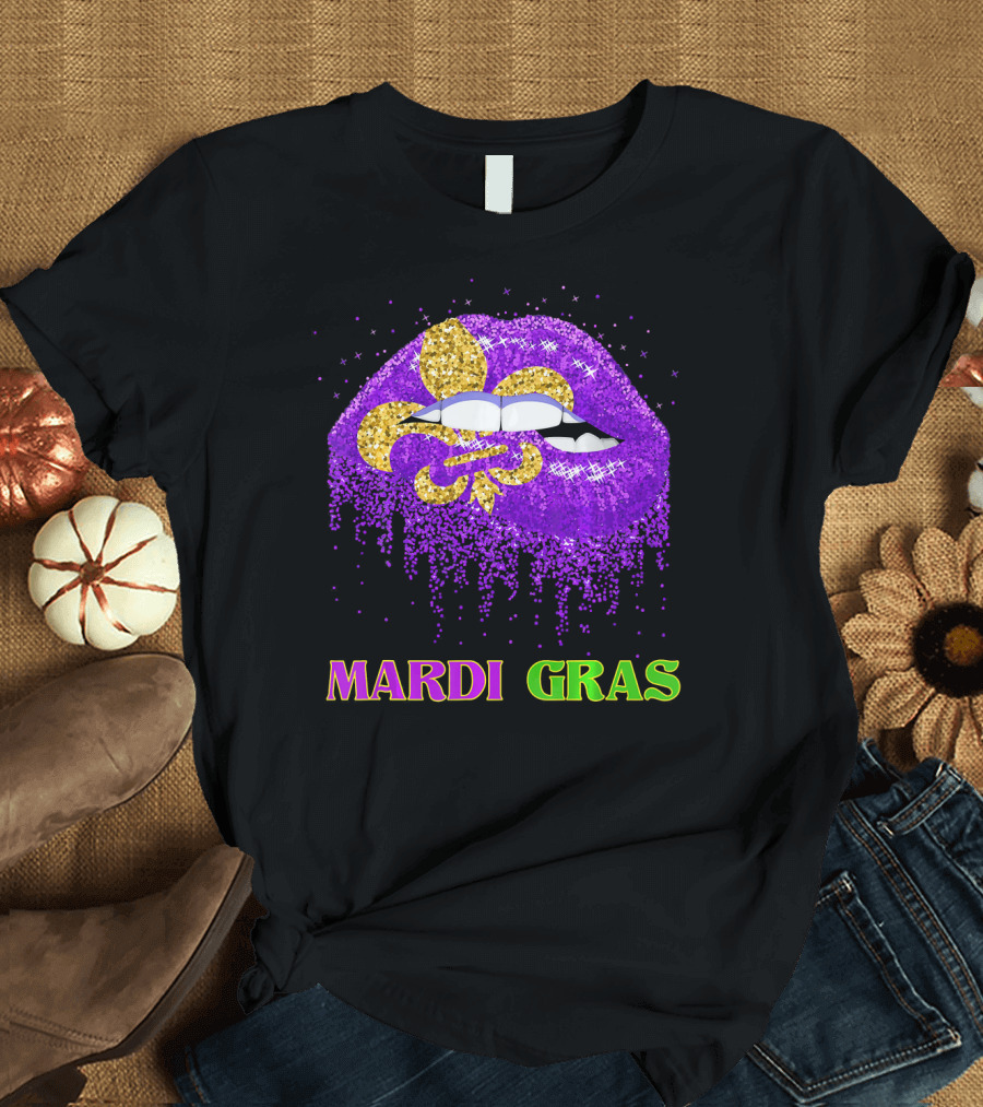 Mardi Gras Costume Funny Lips Glitter Fleur-de-lis T-Shirt