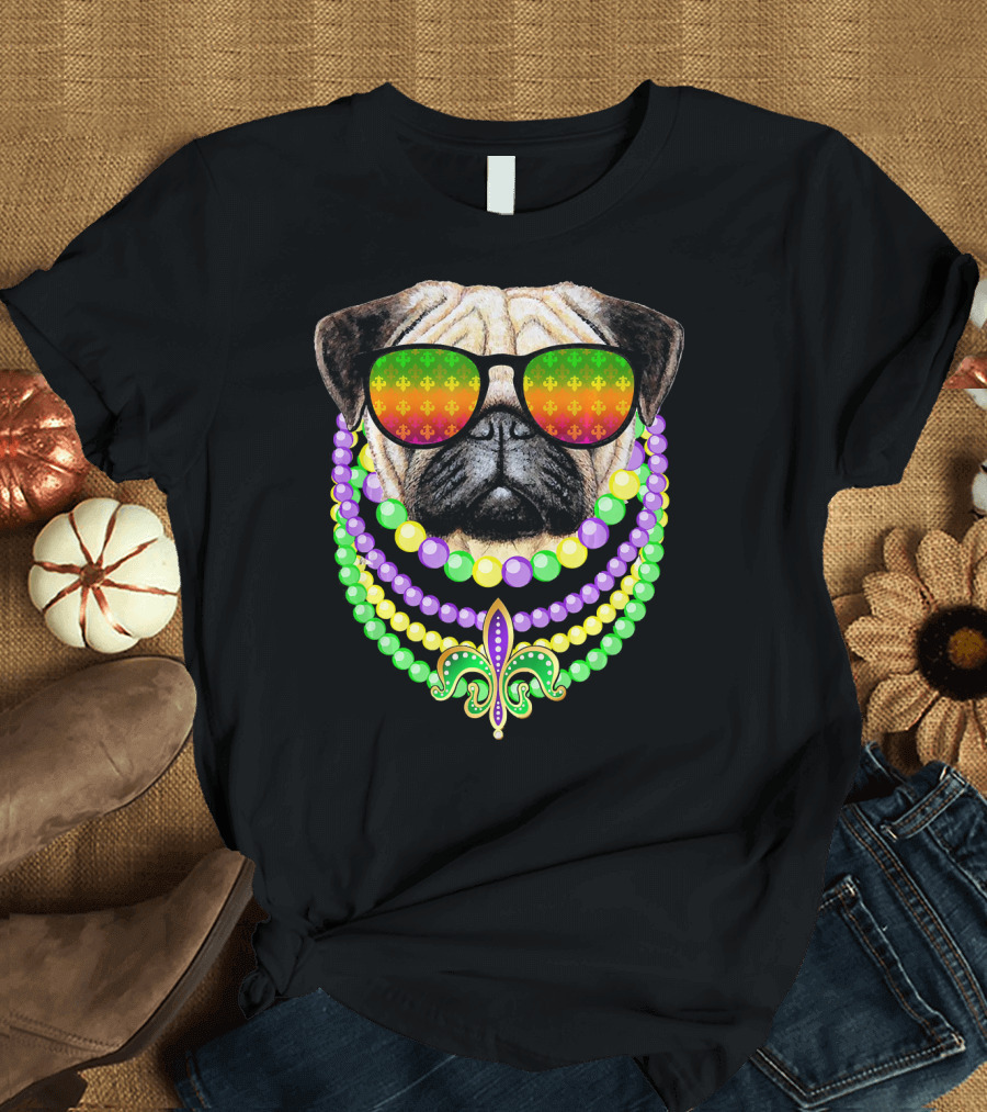 Pug with Beads and Sunglasses Fleur-de-Lis Mardi Gras T-Shirt
