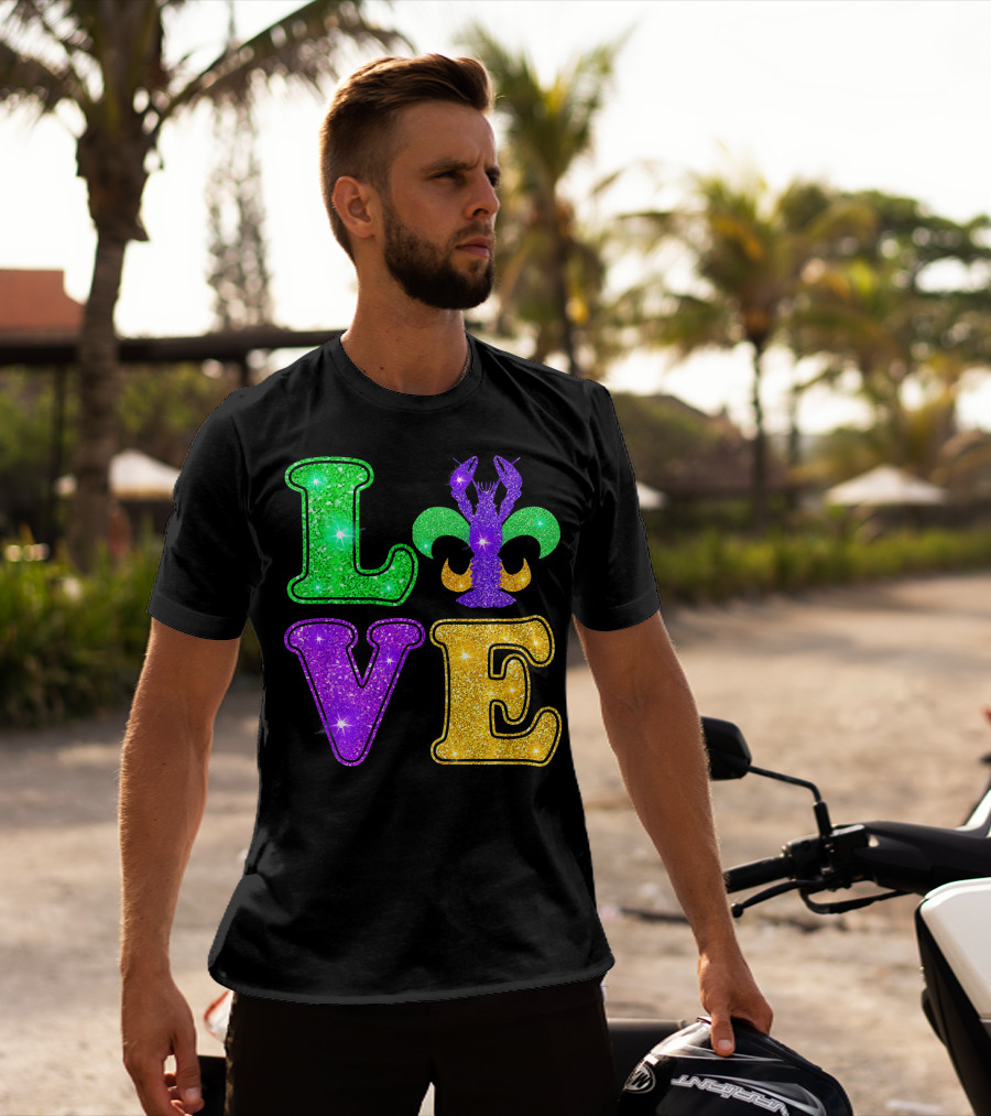 Mardi Gras Love Glitter Fleur De Lis Crawfish T-Shirt