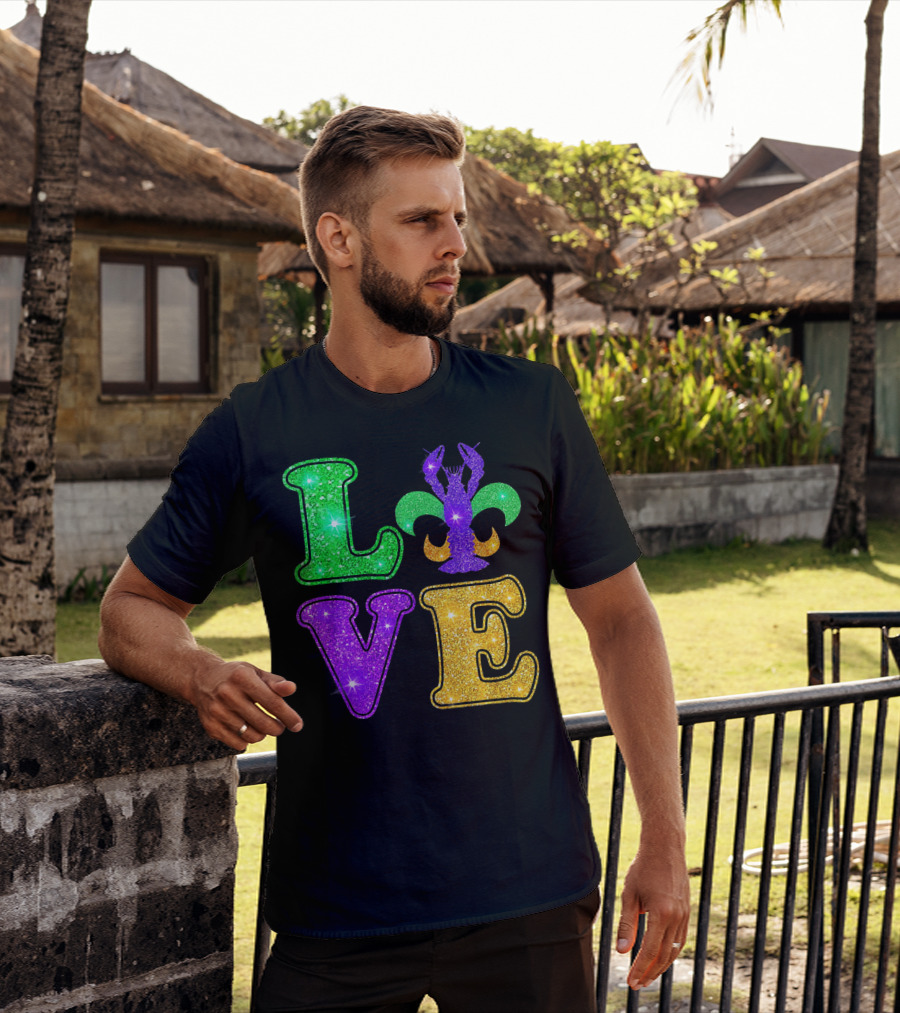 Mardi Gras Love Glitter Fleur De Lis Crawfish T-Shirt