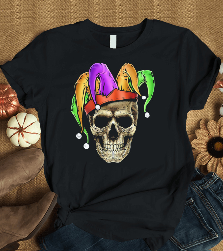Skull Face Mardi Gras Jester Joker Colorful Hat T-Shirt