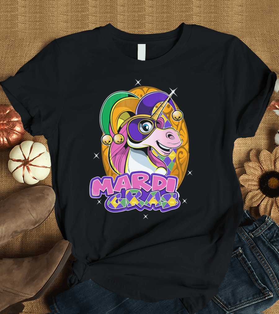 Mardi Gras Unicorn with Jester Hat and Masquerade Mask T-Shirt