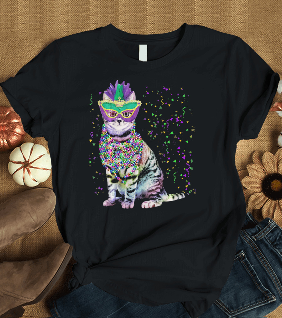 Cat Mardi Gras Beads Confetti Mask T-Shirt