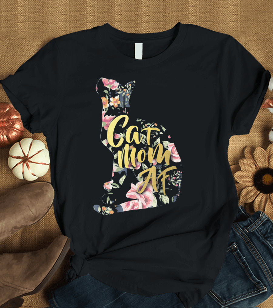 Cat Mom AF Floral Pattern Cat Shape T-Shirt