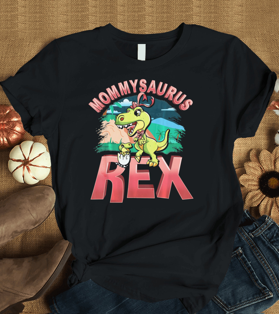 Mommysaurus Rex Dinosaur with Baby Egg in Prehistoric Landscape T-Shirt