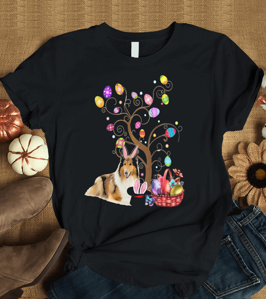 Bunny Rough Collie Easter Day Hunting Eggs Basket Tree T-Shirt