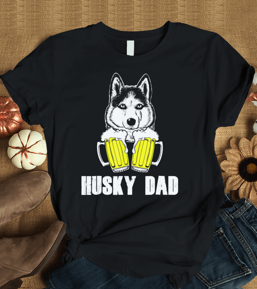 Husky Dad Funny Beer Day with Yellow Beer Mugs T-Shirt
