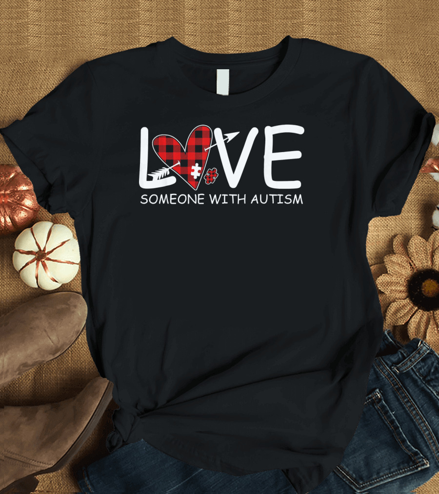Love Someone With Autism Red Plaid Heart Puzzle Piece T-Shirt