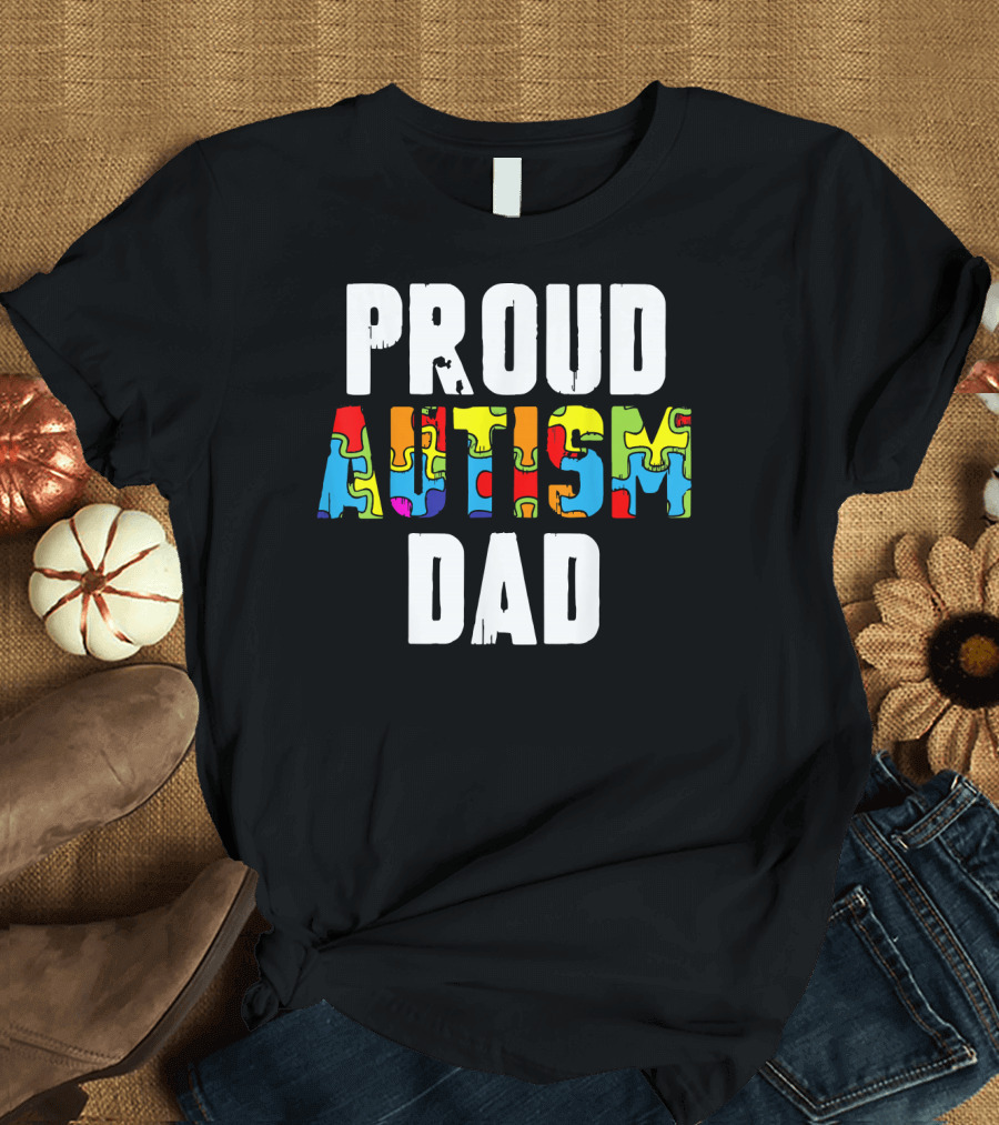 Proud Autism Dad Colorful Puzzle Piece Autism Awareness T-Shirt