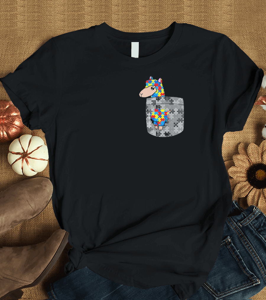 Funny Puzzle Pocket Llama Autism Awareness T-Shirt