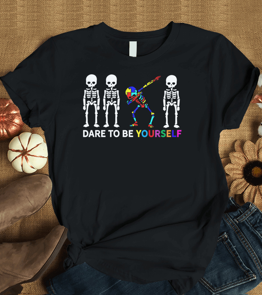 Skeleton Dabbing Dare to Be Yourself Autism Awareness T-Shirt