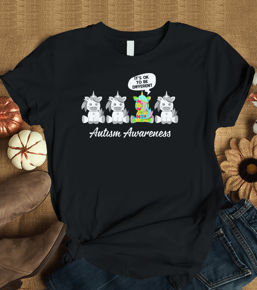 Autism Awareness Unicorn It's OK to Be Different with Puzzle Piece T-Shirt