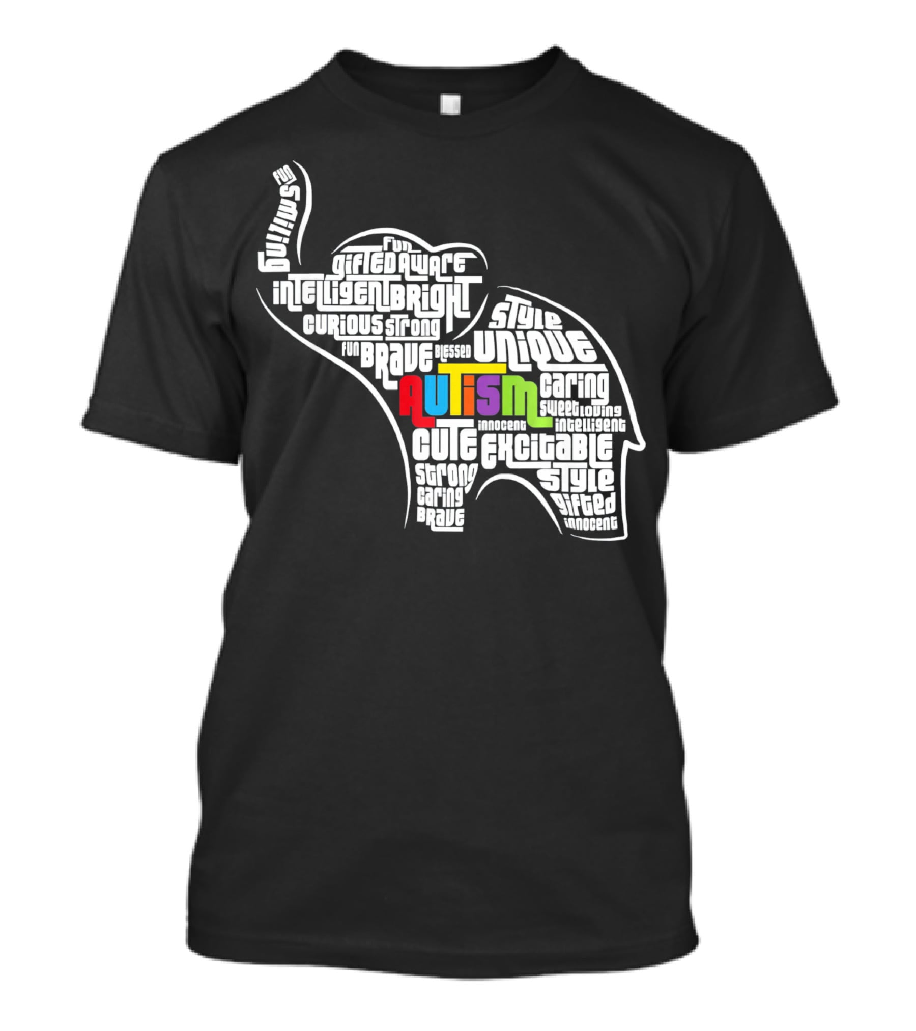 Autism Awareness Elephant Fun Intelligent Unique Excitable Gifted Bright Curious Strong Brave Cute Caring Innocent T-Shirt