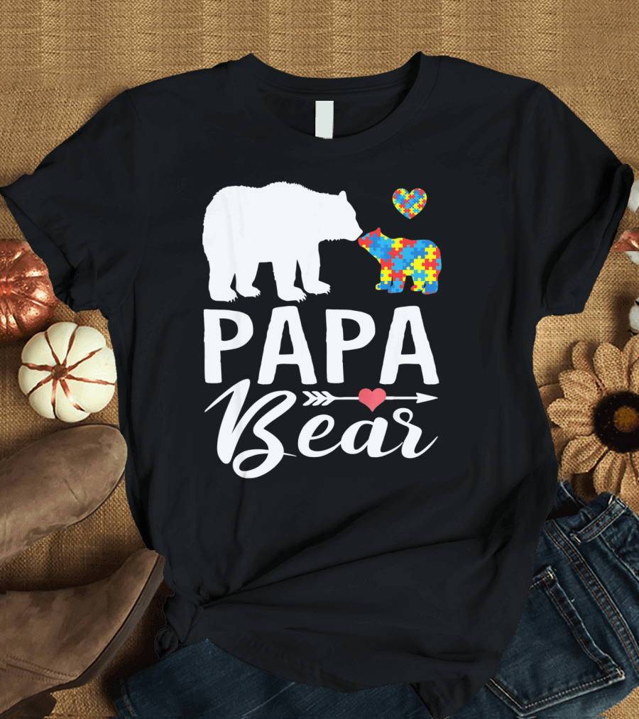 Papa Bear Autism Awareness Love Puzzle Heart Bear T-Shirt