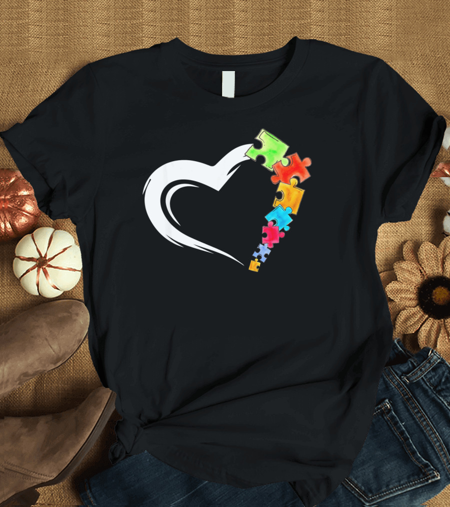 Autism Awareness Love Heart with Colorful Kind Puzzle Pieces T-Shirt