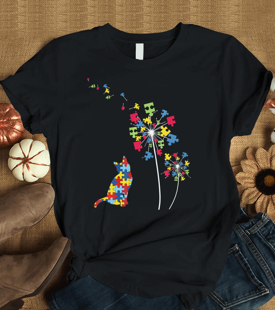 Colorful Puzzle Piece Cat and Dandelion Autism Awareness T-Shirt