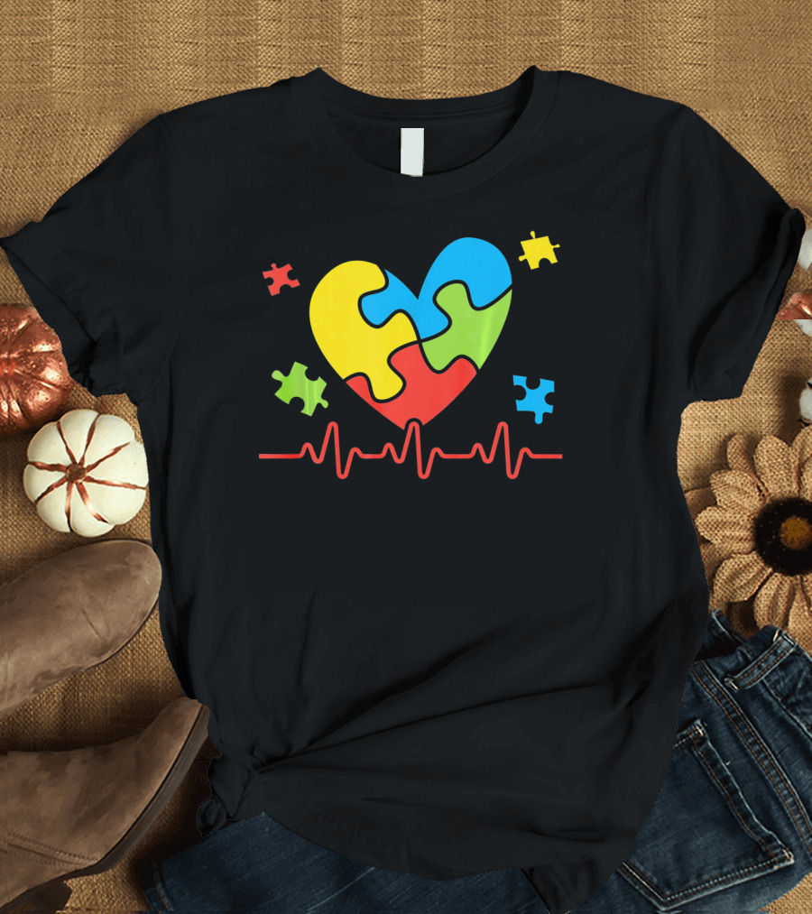 Autism Awareness Heart Puzzle Piece with Heartbeat Line T-Shirt