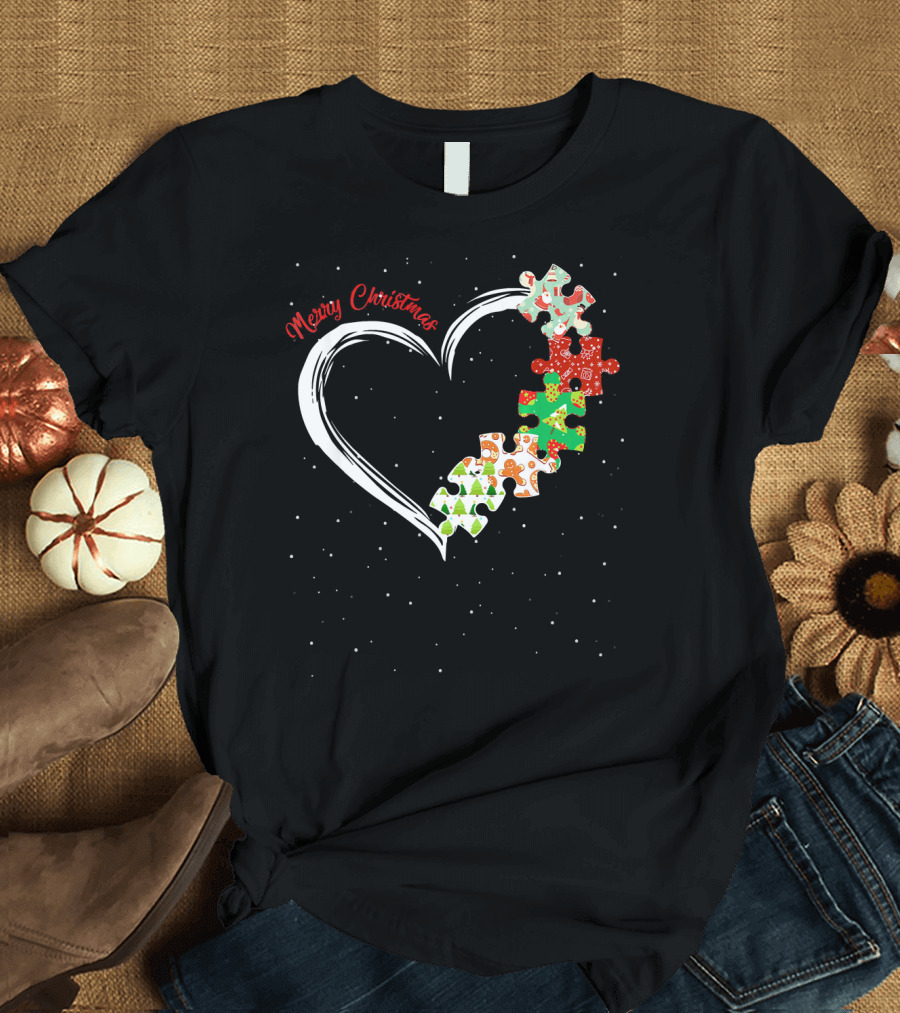 Merry Christmas Autism Awareness Heart Puzzle T-Shirt