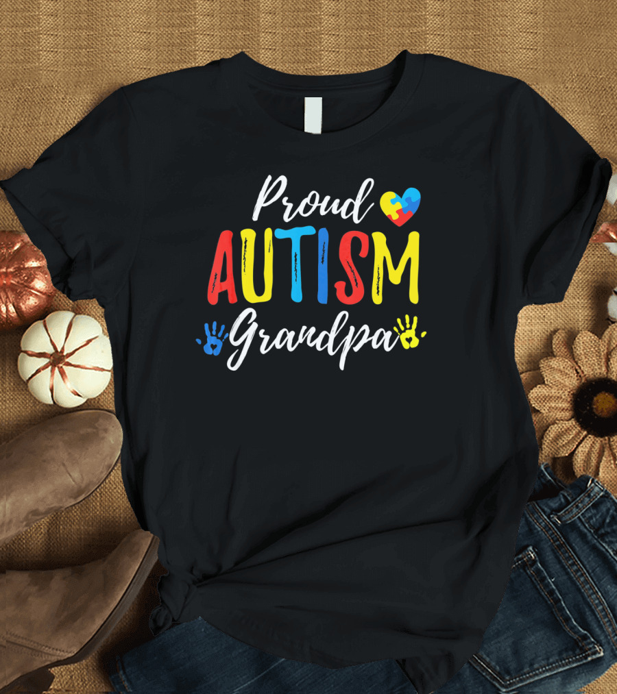Proud Grandpa Autism Puzzle Heart Handprints T-Shirt