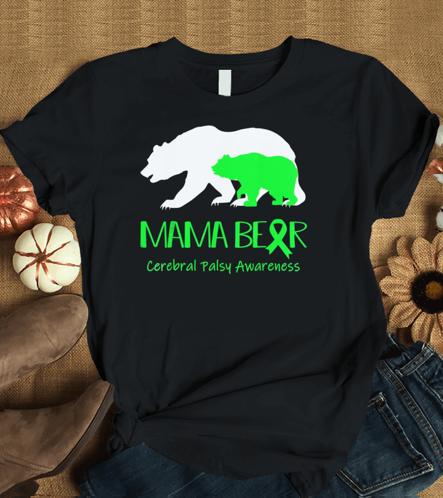Mama Bear Cerebral Palsy Awareness Green Ribbon Bears T-Shirt