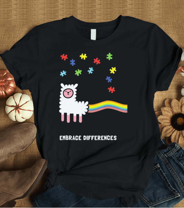 T-Shirt: Embrace Differences Autism Awareness Llama Rainbow Puzzle Pieces T-Shirt Embrace Differences Autism Awareness Llama Rainbow Puzzle Pieces T-Shirt