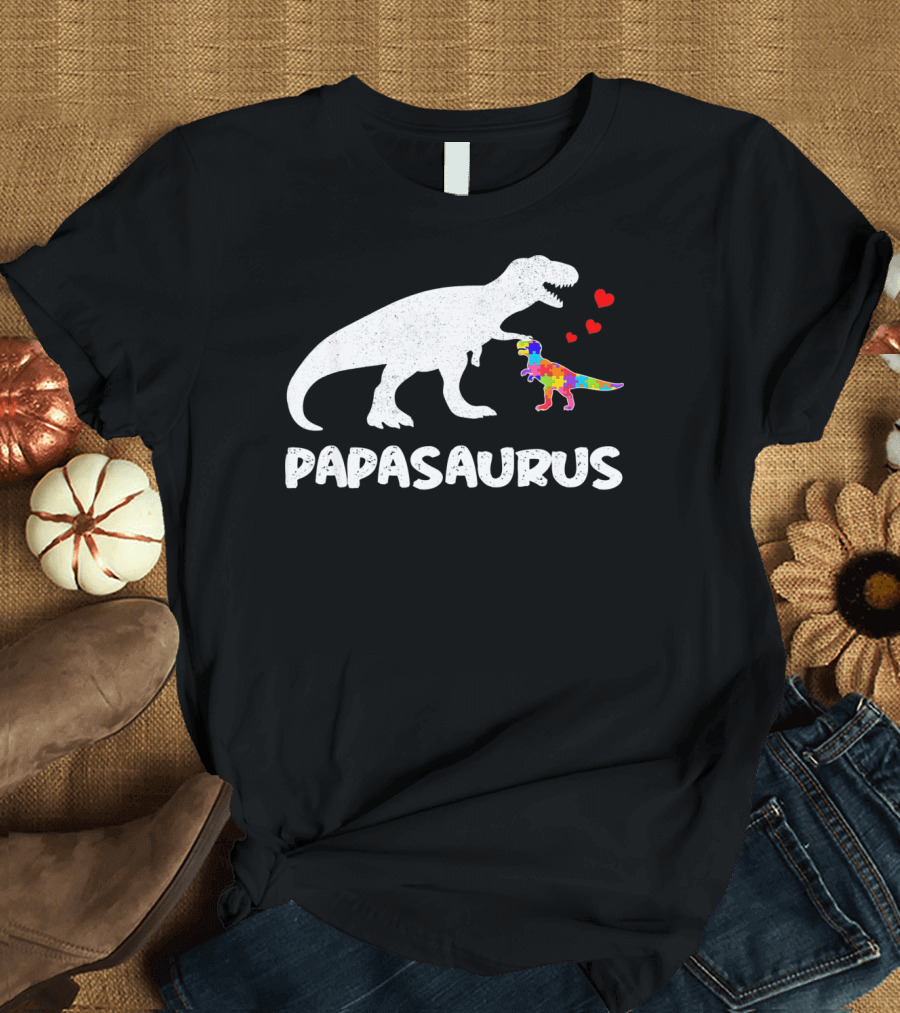 Papasaurus Dinosaur Puzzle Piece Autism Hearts T-Shirt