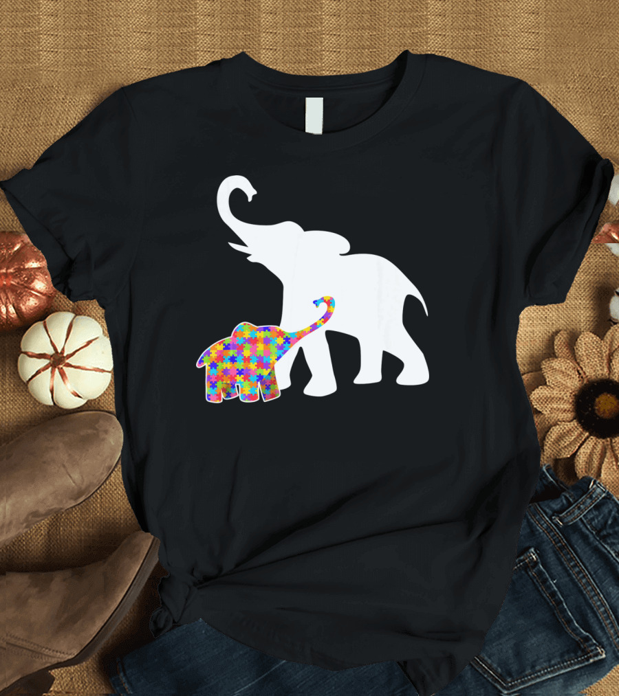Elephant Autism Awareness Puzzle Pattern Support T-Shirt