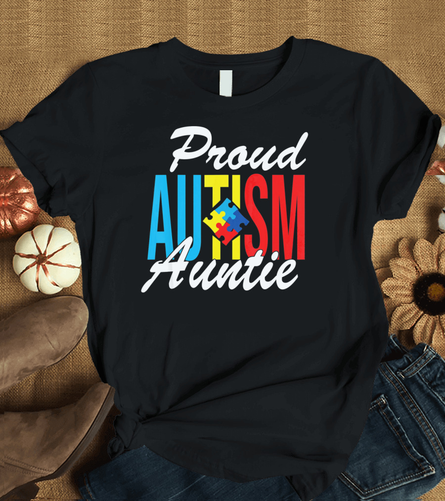 Proud Autism Auntie Puzzle Piece Awareness Support T-Shirt